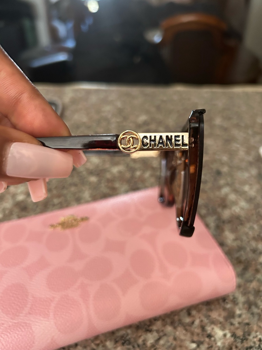 (NOT-CHANEL Tortoiseshell Sunglasses with Gold Logo Detail